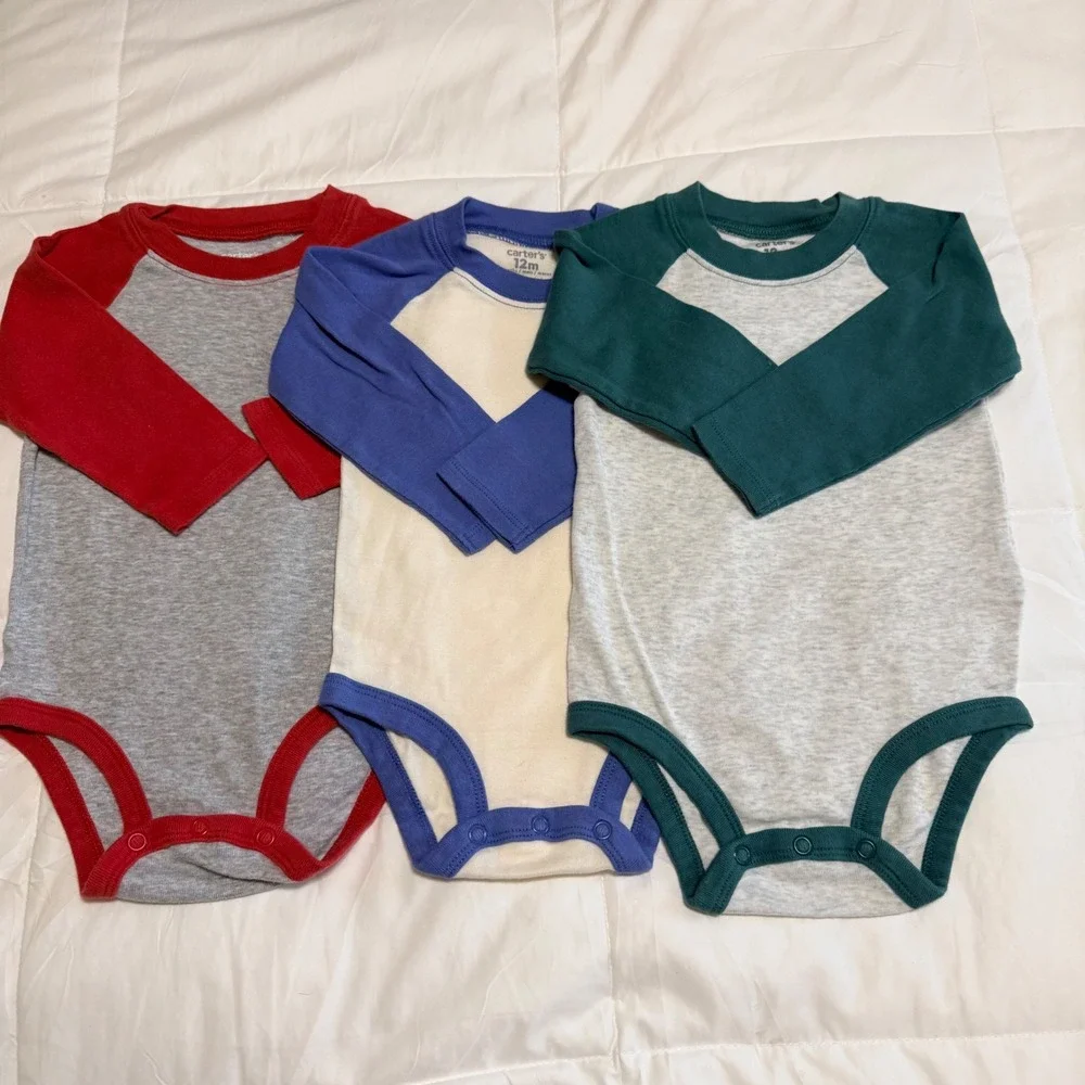 Carters Baby Boys 12M Raglan Baseball Long Sleeve Bodysuit 3 Pack Red Blue Green
